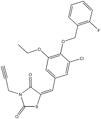 5-{3-chloro-5-ethoxy-4-[(2-fluorobenzyl)oxy]benzylidene}-3-(2-propynyl)-1,3-thiazolidine-2,4-dione Struktur