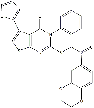 2-{[2-(2,3-dihydro-1,4-benzodioxin-6-yl)-2-oxoethyl]sulfanyl}-3-phenyl-5-(2-thienyl)thieno[2,3-d]pyrimidin-4(3H)-one Struktur