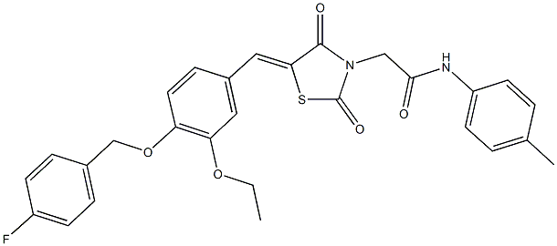 2-(5-{3-ethoxy-4-[(4-fluorobenzyl)oxy]benzylidene}-2,4-dioxo-1,3-thiazolidin-3-yl)-N-(4-methylphenyl)acetamide Struktur