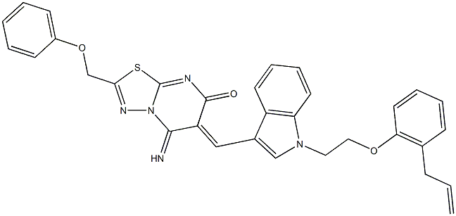 6-({1-[2-(2-allylphenoxy)ethyl]-1H-indol-3-yl}methylene)-5-imino-2-(phenoxymethyl)-5,6-dihydro-7H-[1,3,4]thiadiazolo[3,2-a]pyrimidin-7-one Struktur