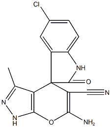 6-amino-5-cyano-5'-chloro-3-methyl-1,1',3',4-tetrahydro-2'-oxospiro(pyrano[2,3-c]pyrazole-4,3'-[2'H]-indole) Struktur