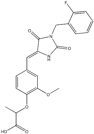 2-(4-{[1-(2-fluorobenzyl)-2,5-dioxoimidazolidin-4-ylidene]methyl}-2-methoxyphenoxy)propanoic acid Struktur