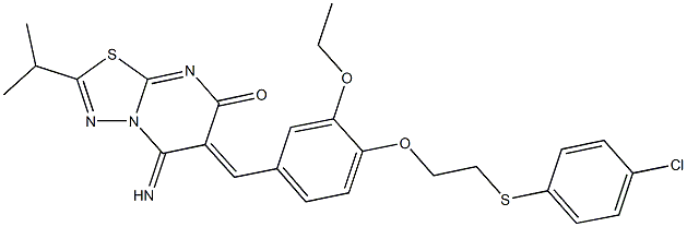 6-(4-{2-[(4-chlorophenyl)sulfanyl]ethoxy}-3-ethoxybenzylidene)-5-imino-2-isopropyl-5,6-dihydro-7H-[1,3,4]thiadiazolo[3,2-a]pyrimidin-7-one Struktur