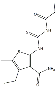 4-ethyl-5-methyl-2-{[(propionylamino)carbothioyl]amino}-3-thiophenecarboxamide Struktur