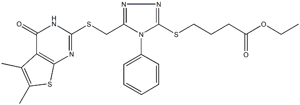 ethyl 4-[(5-{[(5,6-dimethyl-4-oxo-3,4-dihydrothieno[2,3-d]pyrimidin-2-yl)sulfanyl]methyl}-4-phenyl-4H-1,2,4-triazol-3-yl)sulfanyl]butanoate Struktur