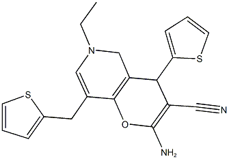 2-amino-6-ethyl-4-(2-thienyl)-8-(2-thienylmethyl)-5,6-dihydro-4H-pyrano[3,2-c]pyridine-3-carbonitrile Struktur