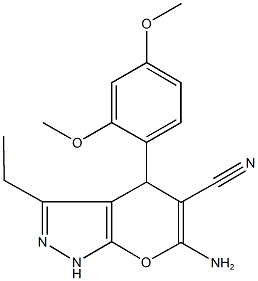 6-amino-4-(2,4-dimethoxyphenyl)-3-ethyl-1,4-dihydropyrano[2,3-c]pyrazole-5-carbonitrile Struktur