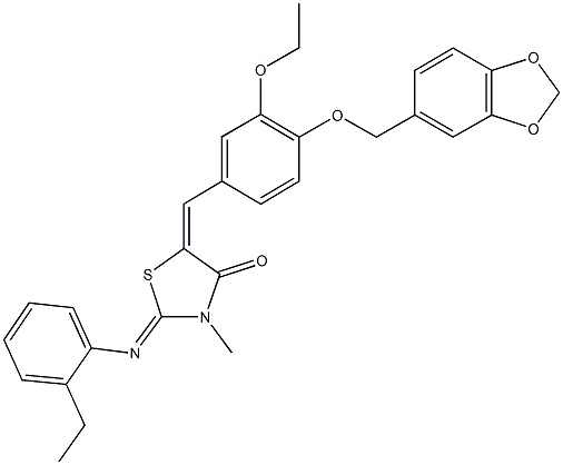 5-[4-(1,3-benzodioxol-5-ylmethoxy)-3-ethoxybenzylidene]-2-[(2-ethylphenyl)imino]-3-methyl-1,3-thiazolidin-4-one Struktur