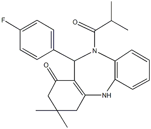 11-(4-fluorophenyl)-10-isobutyryl-3,3-dimethyl-2,3,4,5,10,11-hexahydro-1H-dibenzo[b,e][1,4]diazepin-1-one Struktur