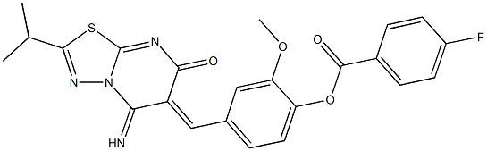 4-[(5-imino-2-isopropyl-7-oxo-5H-[1,3,4]thiadiazolo[3,2-a]pyrimidin-6(7H)-ylidene)methyl]-2-methoxyphenyl 4-fluorobenzoate Struktur