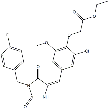 ethyl (2-chloro-4-{[1-(4-fluorobenzyl)-2,5-dioxoimidazolidin-4-ylidene]methyl}-6-methoxyphenoxy)acetate Struktur