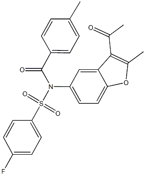 N-(3-acetyl-2-methyl-1-benzofuran-5-yl)-4-fluoro-N-(4-methylbenzoyl)benzenesulfonamide Struktur