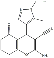 2-amino-4-(1-ethyl-5-methyl-1H-pyrazol-4-yl)-5-oxo-5,6,7,8-tetrahydro-4H-chromene-3-carbonitrile Struktur