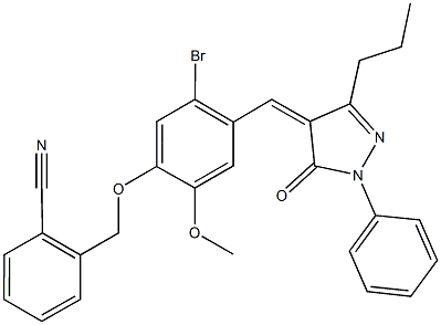 2-({5-bromo-2-methoxy-4-[(5-oxo-1-phenyl-3-propyl-1,5-dihydro-4H-pyrazol-4-ylidene)methyl]phenoxy}methyl)benzonitrile Struktur