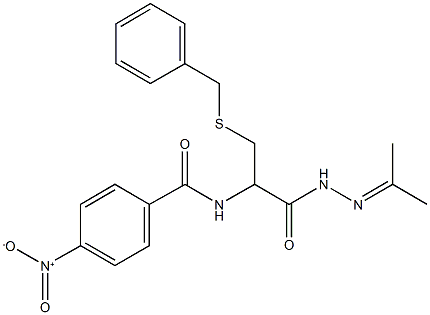 N-{1-[(benzylsulfanyl)methyl]-2-[2-(1-methylethylidene)hydrazino]-2-oxoethyl}-4-nitrobenzamide Struktur