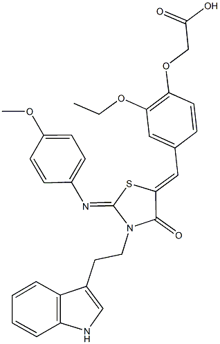 [2-ethoxy-4-({3-[2-(1H-indol-3-yl)ethyl]-2-[(4-methoxyphenyl)imino]-4-oxo-1,3-thiazolidin-5-ylidene}methyl)phenoxy]acetic acid Struktur