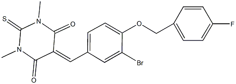 5-{3-bromo-4-[(4-fluorobenzyl)oxy]benzylidene}-1,3-dimethyl-2-thioxodihydro-4,6(1H,5H)-pyrimidinedione Struktur