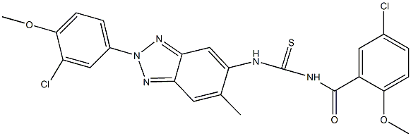 N-(5-chloro-2-methoxybenzoyl)-N'-[2-(3-chloro-4-methoxyphenyl)-6-methyl-2H-1,2,3-benzotriazol-5-yl]thiourea Struktur