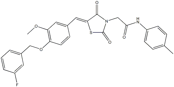 2-(5-{4-[(3-fluorobenzyl)oxy]-3-methoxybenzylidene}-2,4-dioxo-1,3-thiazolidin-3-yl)-N-(4-methylphenyl)acetamide Struktur