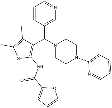 N-(4,5-dimethyl-3-{3-pyridinyl[4-(2-pyridinyl)-1-piperazinyl]methyl}-2-thienyl)-2-furamide Struktur