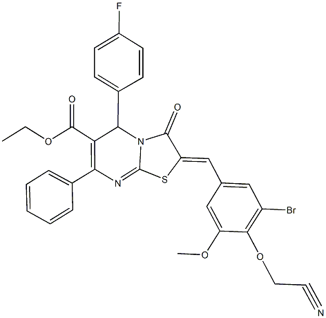 ethyl 2-[3-bromo-4-(cyanomethoxy)-5-methoxybenzylidene]-5-(4-fluorophenyl)-3-oxo-7-phenyl-2,3-dihydro-5H-[1,3]thiazolo[3,2-a]pyrimidine-6-carboxylate Struktur