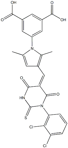 5-{3-[(1-(2,3-dichlorophenyl)-4,6-dioxo-2-thioxotetrahydro-5(2H)-pyrimidinylidene)methyl]-2,5-dimethyl-1H-pyrrol-1-yl}isophthalic acid Struktur