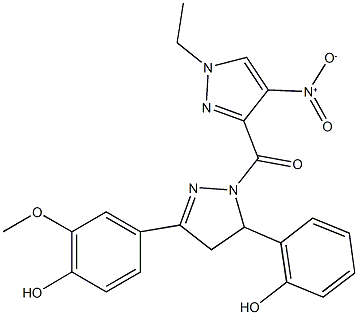 4-[1-({1-ethyl-4-nitro-1H-pyrazol-3-yl}carbonyl)-5-(2-hydroxyphenyl)-4,5-dihydro-1H-pyrazol-3-yl]-2-methoxyphenol Struktur