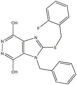 1-benzyl-2-[(2-fluorobenzyl)sulfanyl]-1H-imidazo[4,5-d]pyridazine-4,7-diol Struktur