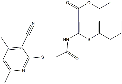 ethyl 2-({[(3-cyano-4,6-dimethyl-2-pyridinyl)sulfanyl]acetyl}amino)-5,6-dihydro-4H-cyclopenta[b]thiophene-3-carboxylate Struktur