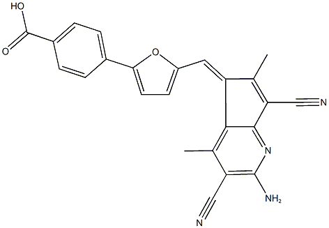 4-{5-[(2-amino-3,7-dicyano-4,6-dimethyl-5H-cyclopenta[b]pyridin-5-ylidene)methyl]-2-furyl}benzoic acid Struktur