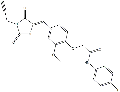 2-(4-{[2,4-dioxo-3-(2-propynyl)-1,3-thiazolidin-5-ylidene]methyl}-2-methoxyphenoxy)-N-(4-fluorophenyl)acetamide Struktur