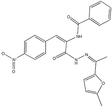 N-[2-{4-nitrophenyl}-1-({2-[1-(5-methyl-2-furyl)ethylidene]hydrazino}carbonyl)vinyl]benzamide Struktur