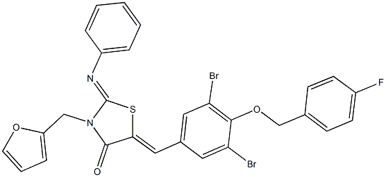 5-{3,5-dibromo-4-[(4-fluorobenzyl)oxy]benzylidene}-3-(2-furylmethyl)-2-(phenylimino)-1,3-thiazolidin-4-one Struktur