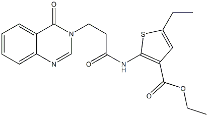 ethyl 5-ethyl-2-{[3-(4-oxo-3(4H)-quinazolinyl)propanoyl]amino}-3-thiophenecarboxylate Struktur