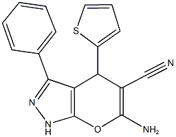 6-amino-3-phenyl-4-(2-thienyl)-1,4-dihydropyrano[2,3-c]pyrazole-5-carbonitrile Struktur