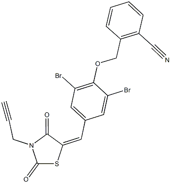 2-[(2,6-dibromo-4-{[2,4-dioxo-3-(2-propynyl)-1,3-thiazolidin-5-ylidene]methyl}phenoxy)methyl]benzonitrile Struktur