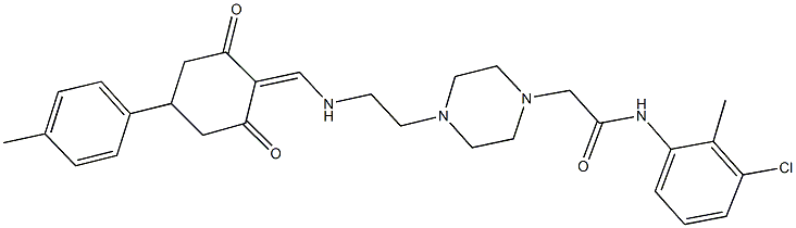 N-(3-chloro-2-methylphenyl)-2-{4-[2-({[4-(4-methylphenyl)-2,6-dioxocyclohexylidene]methyl}amino)ethyl]-1-piperazinyl}acetamide Struktur