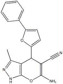 6-amino-3-methyl-4-(5-phenyl-2-furyl)-1,4-dihydropyrano[2,3-c]pyrazole-5-carbonitrile Struktur