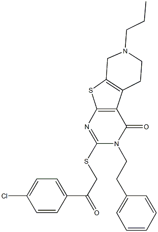 2-{[2-(4-chlorophenyl)-2-oxoethyl]sulfanyl}-3-(2-phenylethyl)-7-propyl-5,6,7,8-tetrahydropyrido[4',3':4,5]thieno[2,3-d]pyrimidin-4(3H)-one Struktur