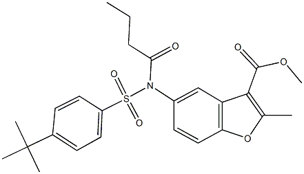 methyl 5-[[(4-tert-butylphenyl)sulfonyl](butyryl)amino]-2-methyl-1-benzofuran-3-carboxylate Struktur