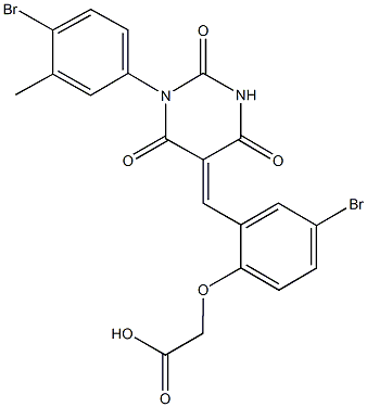 {4-bromo-2-[(1-(4-bromo-3-methylphenyl)-2,4,6-trioxotetrahydro-5(2H)-pyrimidinylidene)methyl]phenoxy}acetic acid Struktur