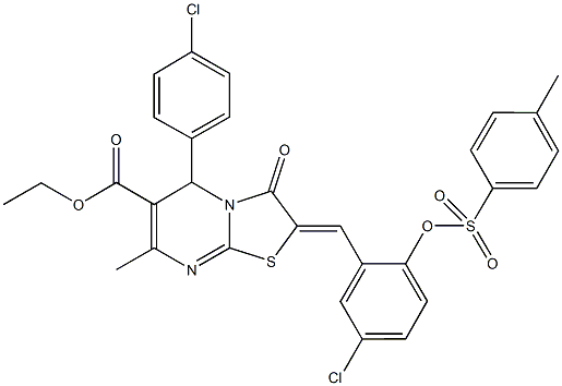 ethyl 2-(5-chloro-2-{[(4-methylphenyl)sulfonyl]oxy}benzylidene)-5-(4-chlorophenyl)-7-methyl-3-oxo-2,3-dihydro-5H-[1,3]thiazolo[3,2-a]pyrimidine-6-carboxylate Struktur