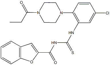 N-(1-benzofuran-2-ylcarbonyl)-N'-[5-chloro-2-(4-propionyl-1-piperazinyl)phenyl]thiourea Struktur