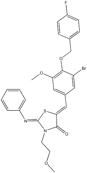 5-{3-bromo-4-[(4-fluorobenzyl)oxy]-5-methoxybenzylidene}-3-(2-methoxyethyl)-2-(phenylimino)-1,3-thiazolidin-4-one Struktur