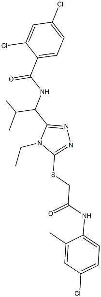 2,4-dichloro-N-[1-(5-{[2-(4-chloro-2-methylanilino)-2-oxoethyl]sulfanyl}-4-ethyl-4H-1,2,4-triazol-3-yl)-2-methylpropyl]benzamide Struktur