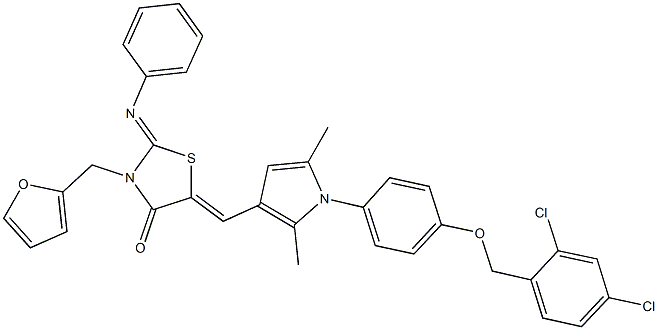 5-[(1-{4-[(2,4-dichlorobenzyl)oxy]phenyl}-2,5-dimethyl-1H-pyrrol-3-yl)methylene]-3-(2-furylmethyl)-2-(phenylimino)-1,3-thiazolidin-4-one Struktur