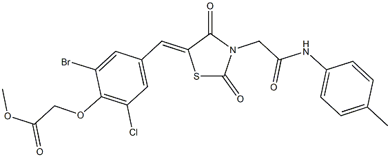 methyl [2-bromo-6-chloro-4-({2,4-dioxo-3-[2-oxo-2-(4-toluidino)ethyl]-1,3-thiazolidin-5-ylidene}methyl)phenoxy]acetate Struktur