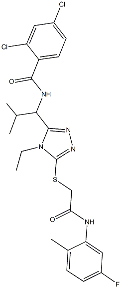 2,4-dichloro-N-[1-(4-ethyl-5-{[2-(5-fluoro-2-methylanilino)-2-oxoethyl]sulfanyl}-4H-1,2,4-triazol-3-yl)-2-methylpropyl]benzamide Struktur