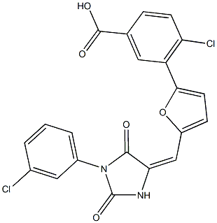 4-chloro-3-(5-{[1-(3-chlorophenyl)-2,5-dioxo-4-imidazolidinylidene]methyl}-2-furyl)benzoic acid Struktur