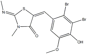 5-(2,3-dibromo-4-hydroxy-5-methoxybenzylidene)-3-methyl-2-(methylimino)-1,3-thiazolidin-4-one Struktur